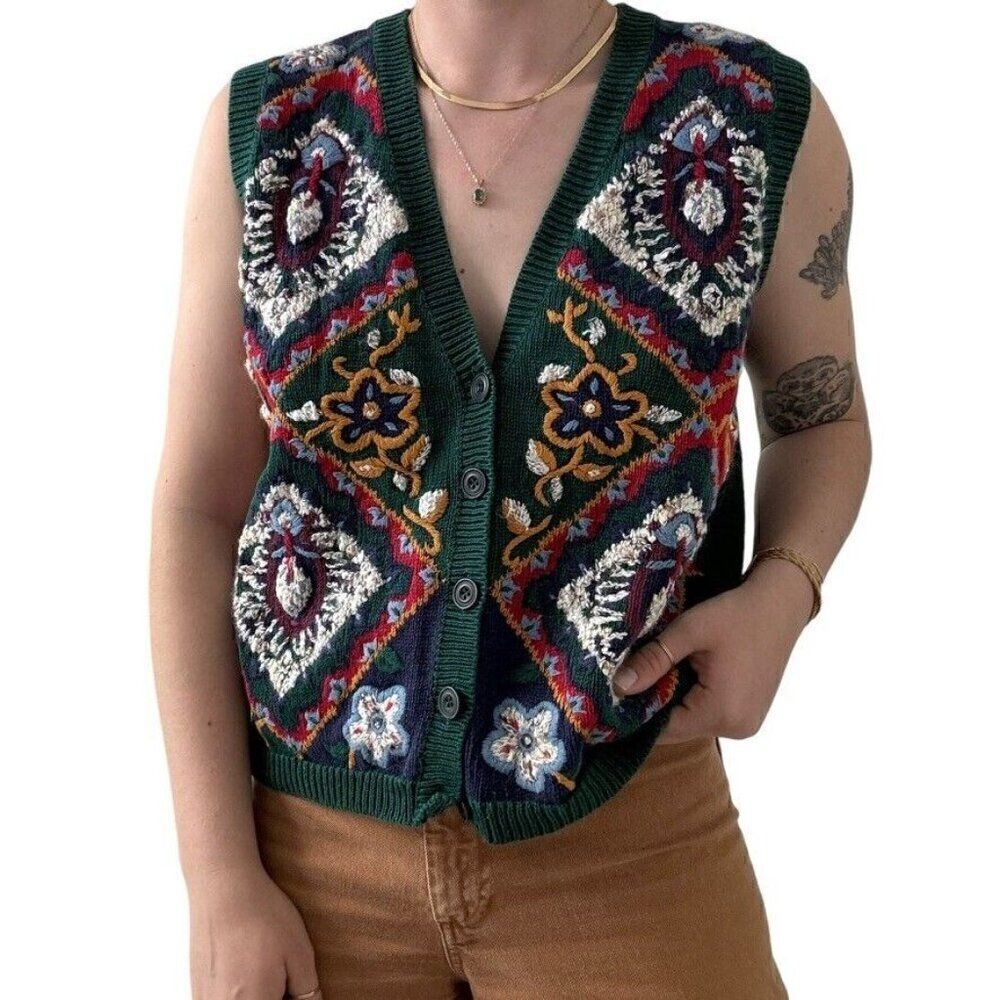Vintage 1990s Womens Green Floral Embroidered Grannycore Preppy Sweater Vest